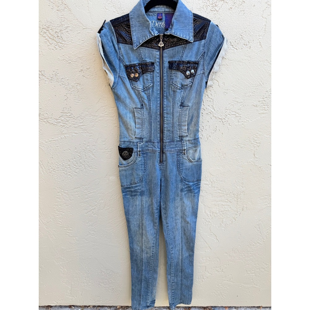 VTG Dereon by Beyonce Y2K Denim Snakeskin Embellished Studs Streetwear Jumpsuit